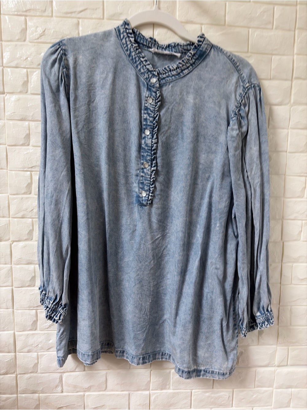 Jane and Delancey Light Blue Ruffle-Placket Long Sleeve Blouse